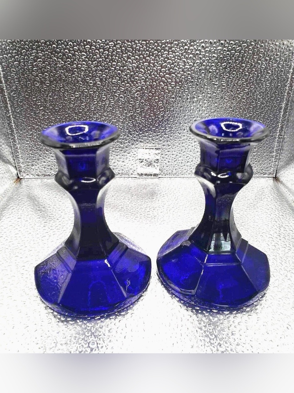 Pair of Vintage Cobalt Blue Glass Candlestick Holders 4" - Elegant MCM Decor